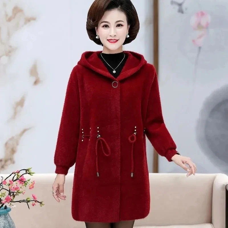 6XL Large Size Middle-aged Mother Imitation Mink Velvet Coat Loose Fashion Hooded Knitted Cardigan Women Long Sweater Overcoat