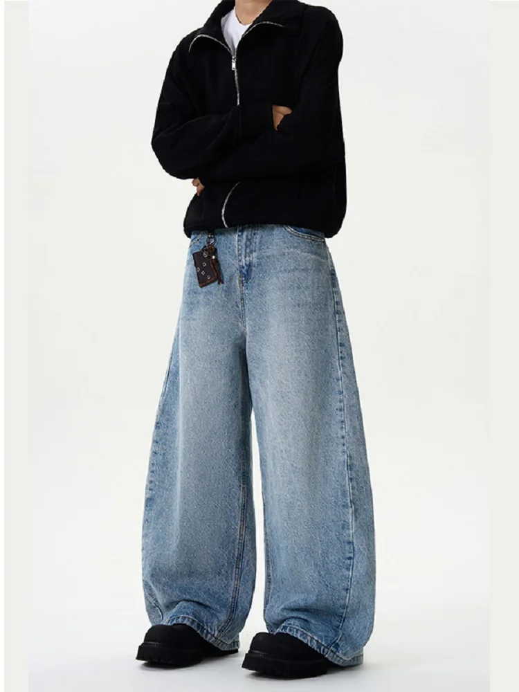 American Retro Washed Blue Wide Leg Knife  Jeans Men Basic Loose Silhouette Slimming Casual Long Pants