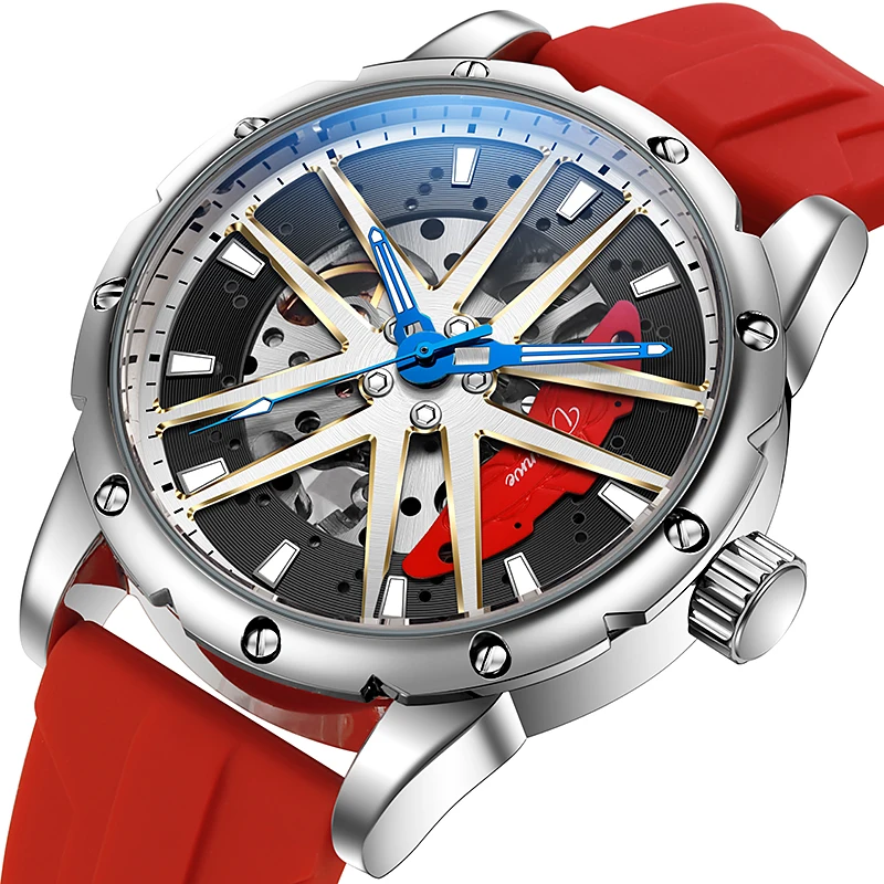 Men's Watches Automatic Mechanical Watch Racing Wheel Design Silicone Strap SportLuxury Brand Man Wristwatch