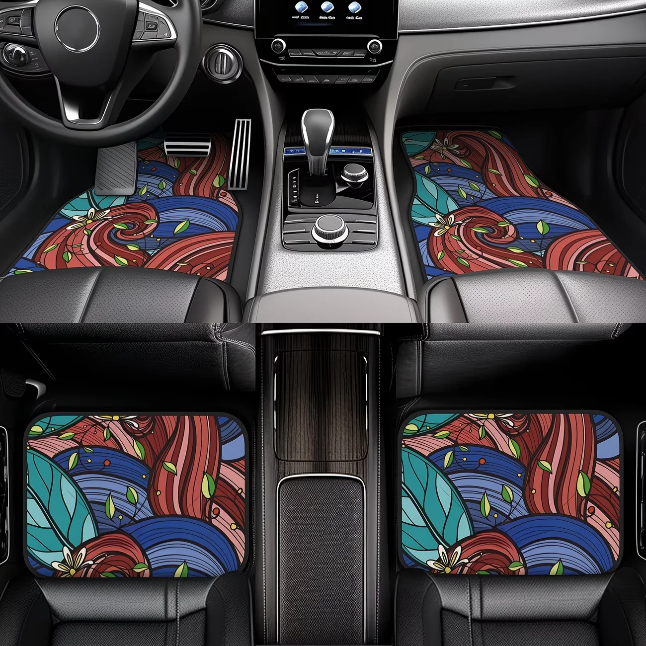 4-Piece Set of Leaf-Patterned Spray-Style Printed Car Floor Mats (2 Large Mats + 2 Small Mats) Floor Mats, Front and Rear Car Floor Mats, Complete Set of 4 Pieces, Non-Slip Car Decoration Accessories, Suitable for Suvs, Sedans, Trucks