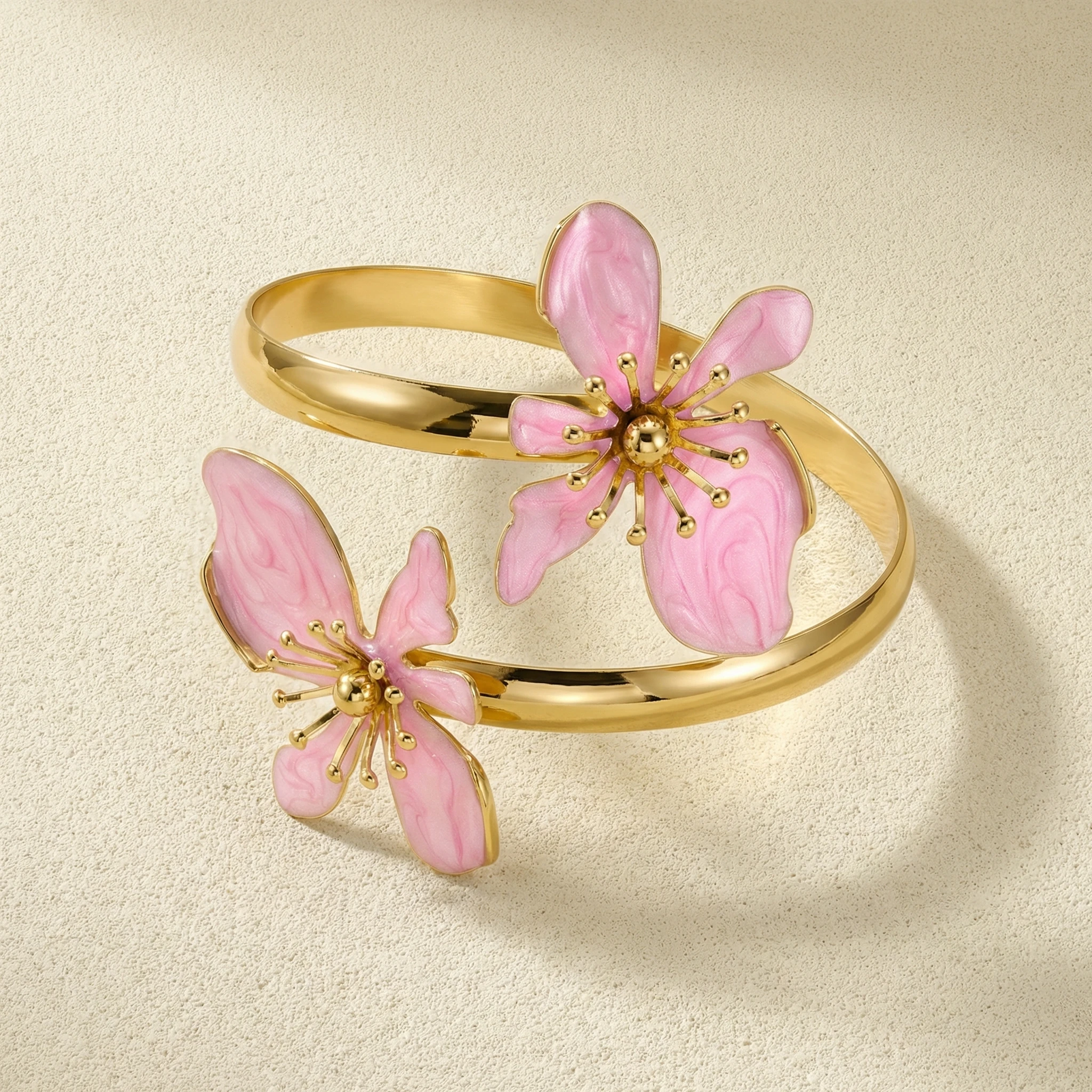

Romantic Pink Enamel Flower Bracelets for Women Vintage Gold Color Floral Open Cuff Bracelets Elegant Party Jewelry Gifts
