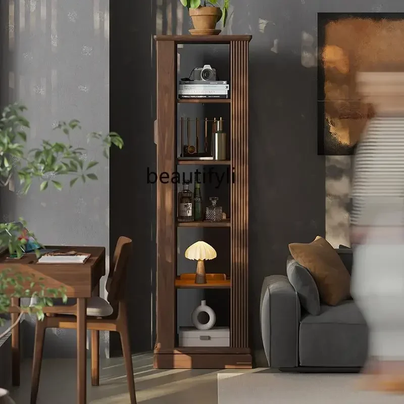 

L Solid wood rotating bookshelf 360 black walnut shelf floor magazine rack household living room, multi-layer bookcase
