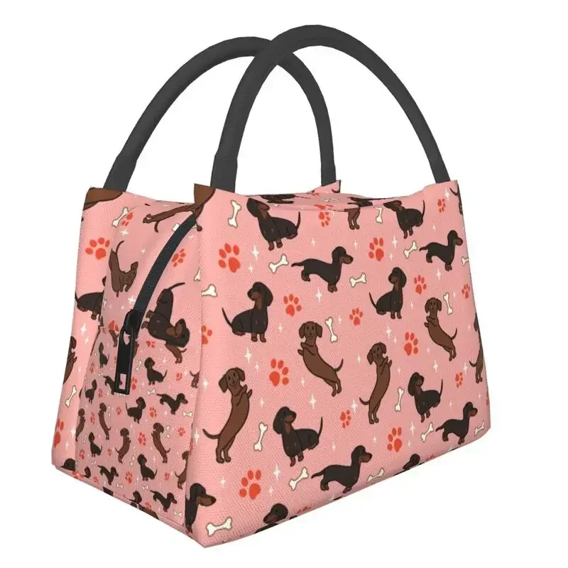 

Red Dachshunds Pattern Insulated Lunch Tote Bag for Women Cartoon Dackel Wiener Dog Thermal Cooler Food Lunch Box Work Travel