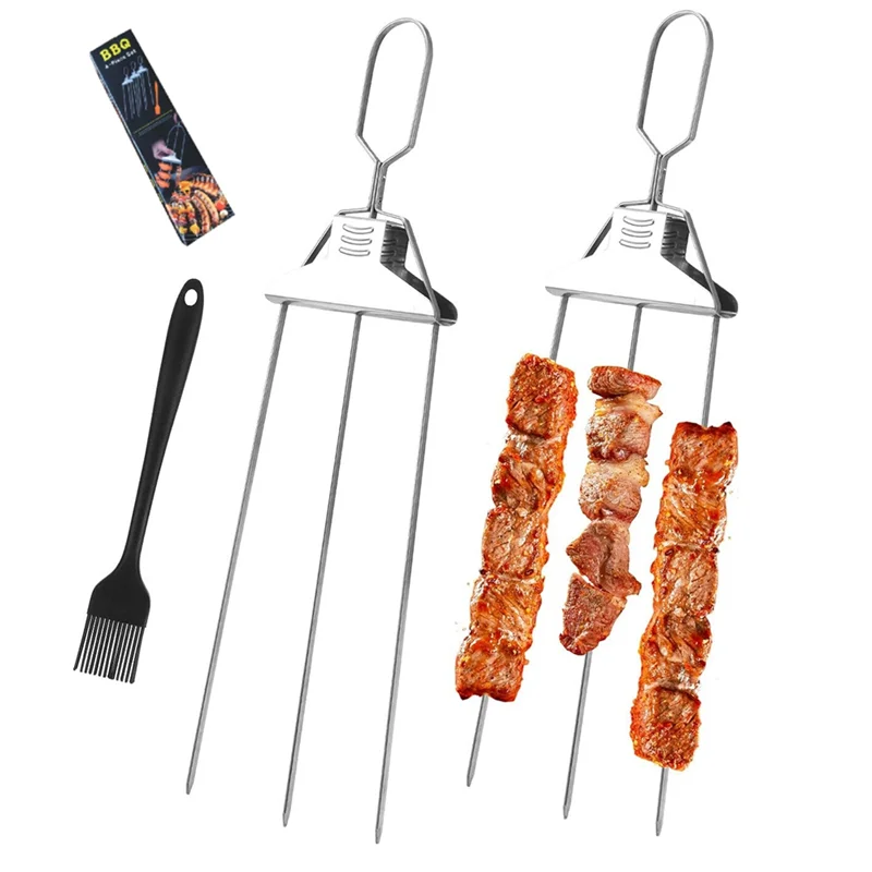 

BAAU 2Pcs Stainless Steel Kabob Skewers 3-Prong Kabob Skewer Stainless Steel Withsilicone Brush