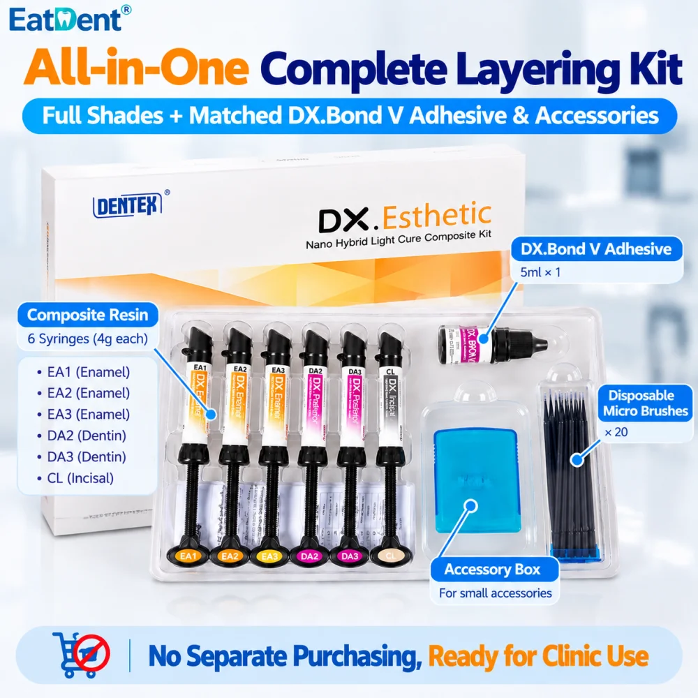 Dentex Dental Nano Hybrid Light Cure Composite Resin Kit Anterior and Posterior Teeth Restoration Orthodontic Filling Material