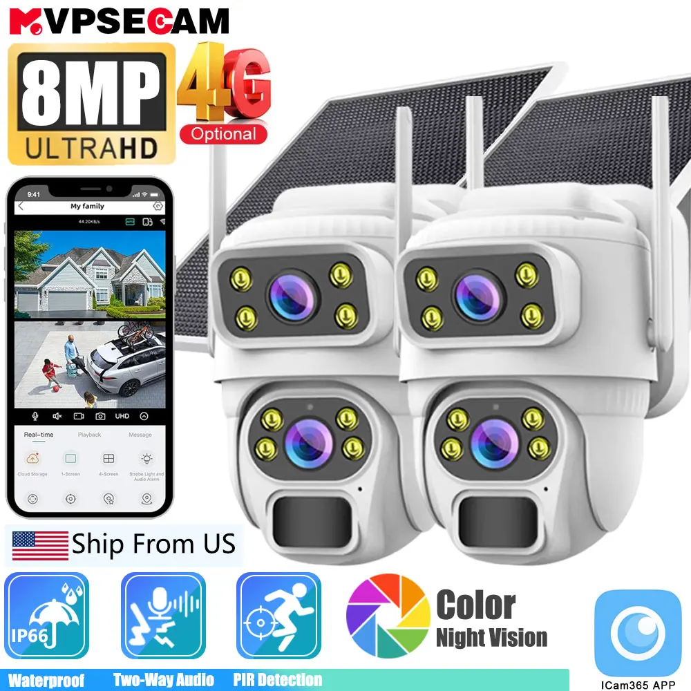 ICam365 Dual เลนส์ 4G ซิมการ์ดกล้องพลังงานแสงอาทิตย์ PIR Human Detection Night Vision Security วิดีโอ IP Camara 8MP 4K แบตเตอรี่กล้องวงจรปิด