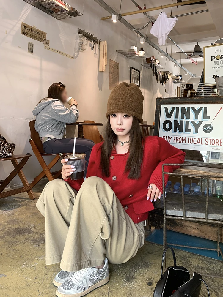 

New Year Red Sweater Cardigan Double Button Casual Sle Long Sve Collar Regular Length Girls Knitted Wear for Teens