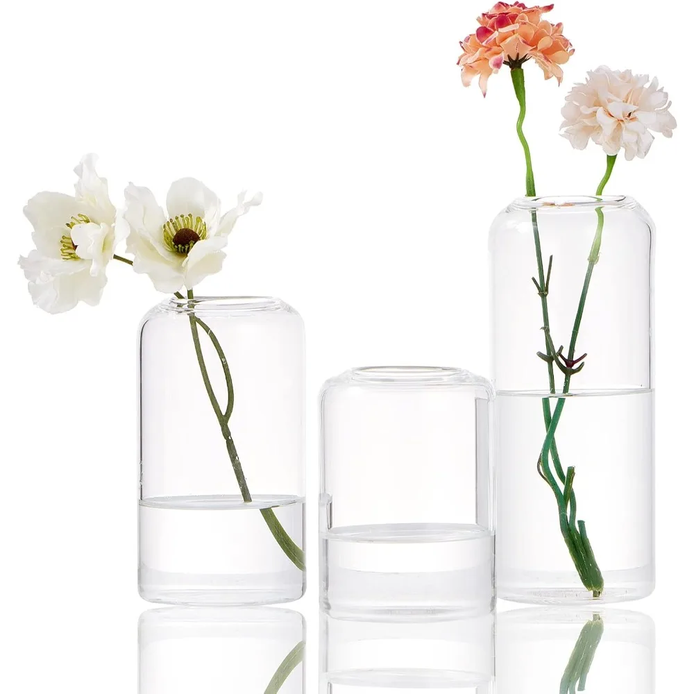

Single glass vase, set of 3 transparent cylindrical vases, hand-blown glass vase set
