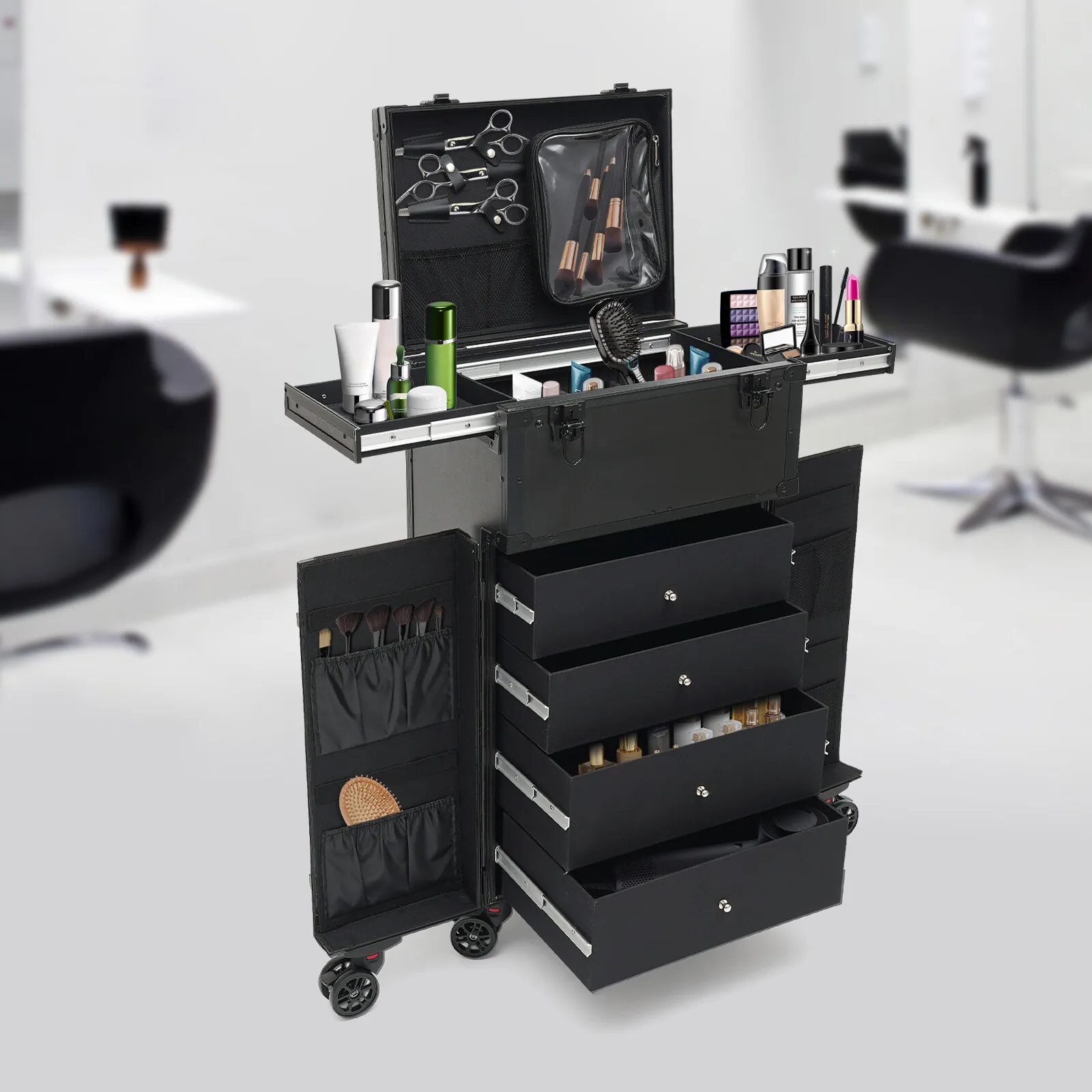 

Rolling Makeup Train Case Travel Cosmetic Trolley Organizer Durable Storage Solution