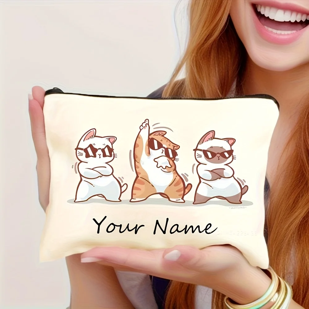 Custom Name Vintage Cute Colorful Kitten Pattern Makeup Bag Personalization Toiletry Bags Pencil Case Gift for Cat Lovers