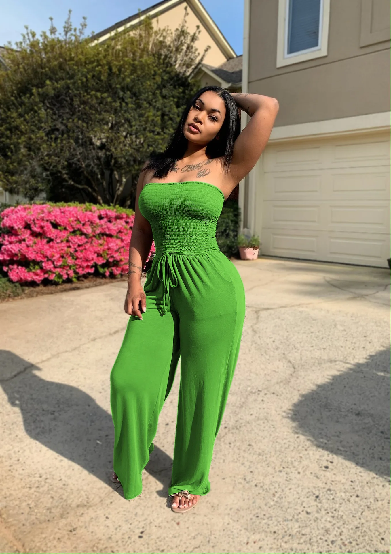 Sister Star Women's Summer Sexy Comfortable Casual Solid Color Smocked Worn Wide Leg Pants Stereoscopic Cropped Jumpsuit