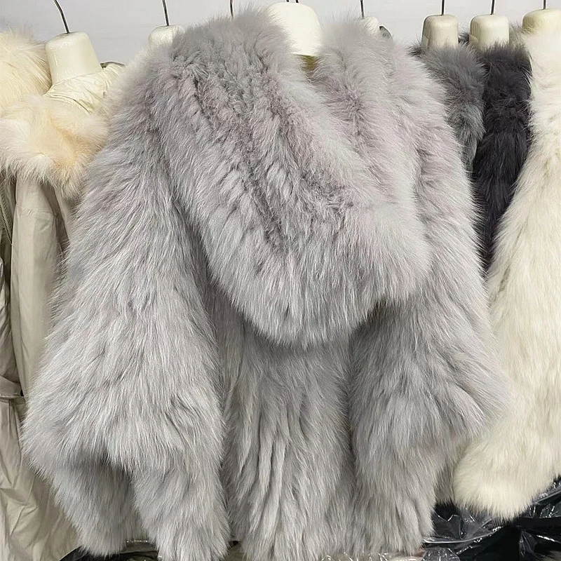 2024 Haining fur double-sided woven fox fur coat, women's hooded big white bear, young encrypted fur coat