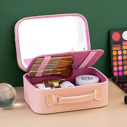 LED makeup bag with mirror large capacity cosmetics portable makeup professional with makeup box storage bag wholesale