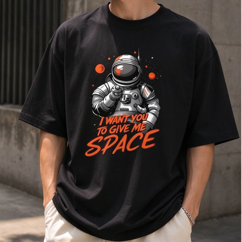 I Want You To Give Me Space Astronaut Graphic T‑Shirt Men Retro Space Theme Print Short Sleeve Tee Casual Streetwear Tops