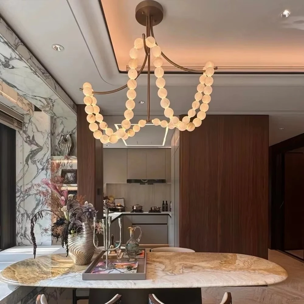 

Nordic Style Pearl Marble Pendant Lamp Featuring Spanish Stone Circular Design In Brass Black Nickel Colors Adjustable Brightnes