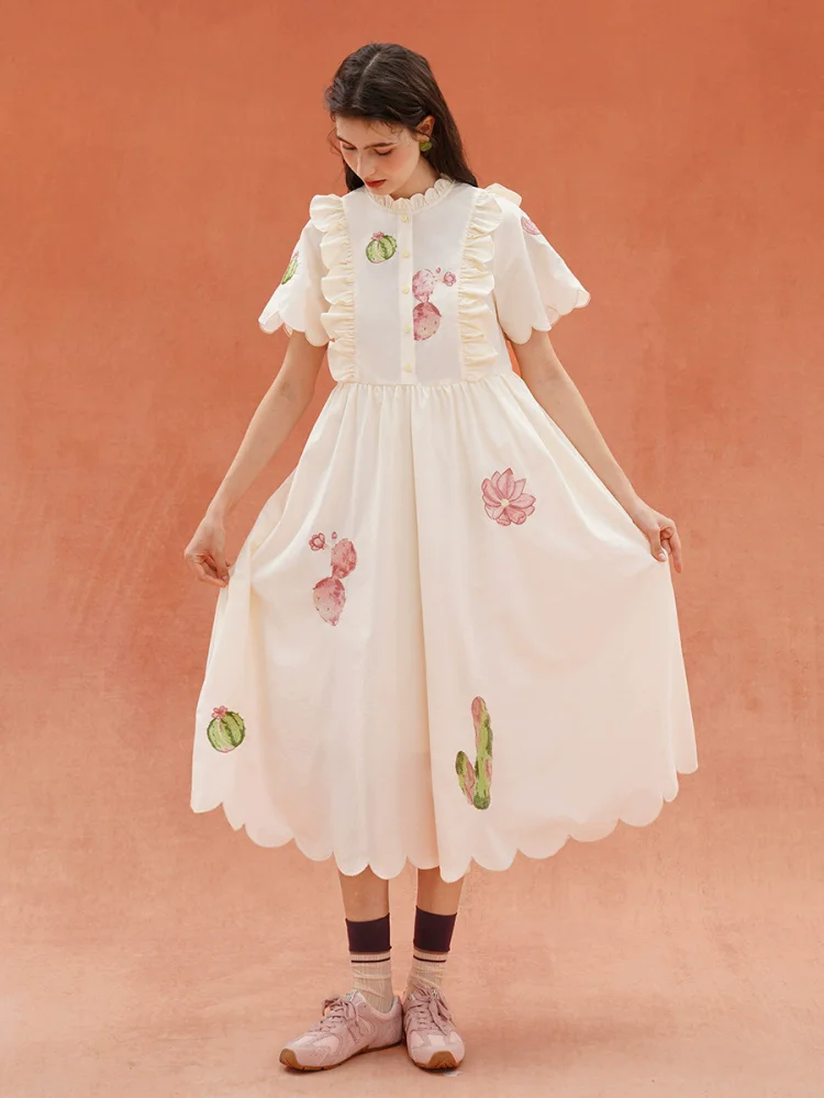 Primavera verão design original feminino luz francês retro cactus vestido bordado, esportes bowknot pétala colarinho camisa vestido