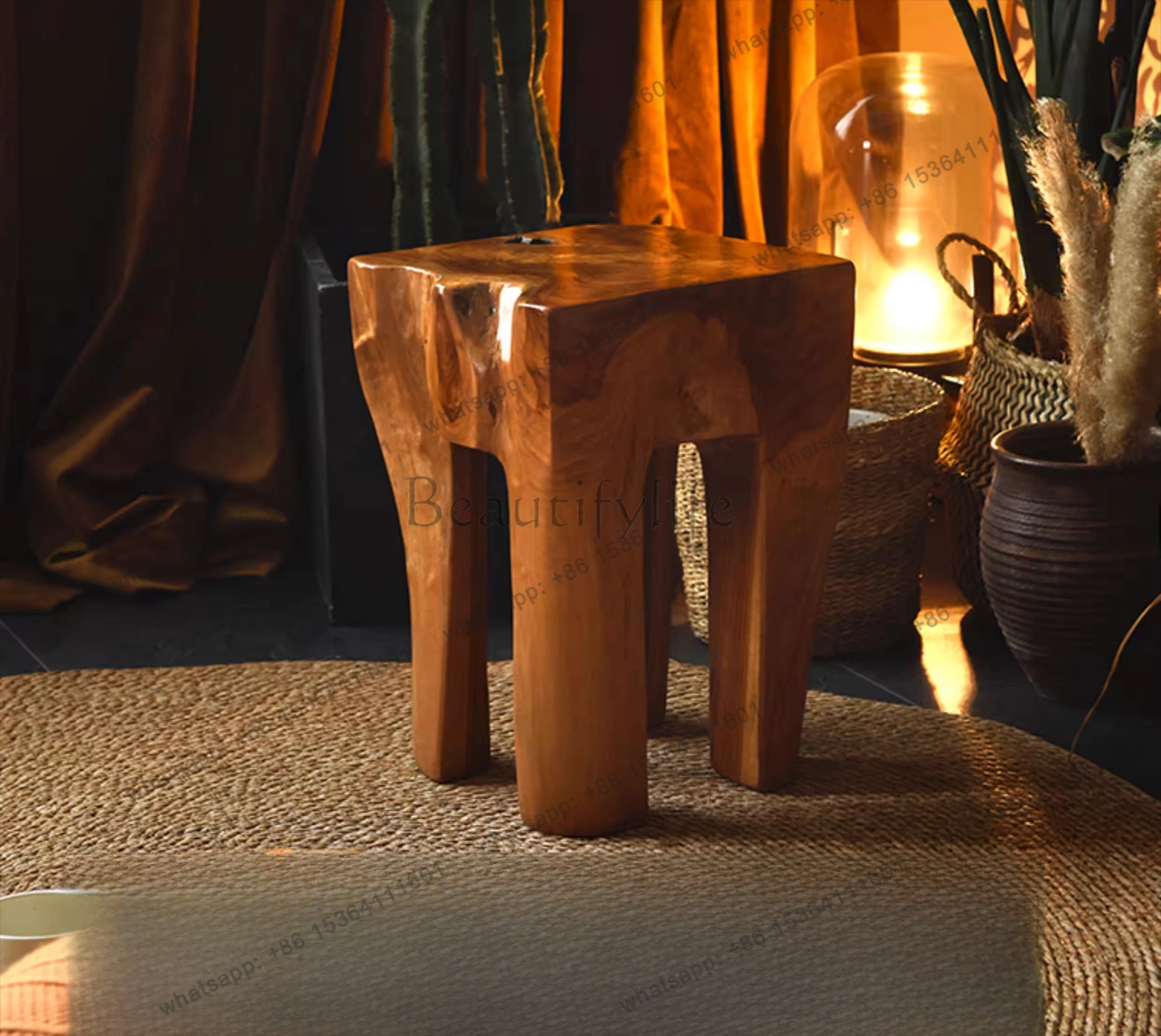 Original imported teak root carving edge few retro solid wood shoe changing stool decorative art ornament