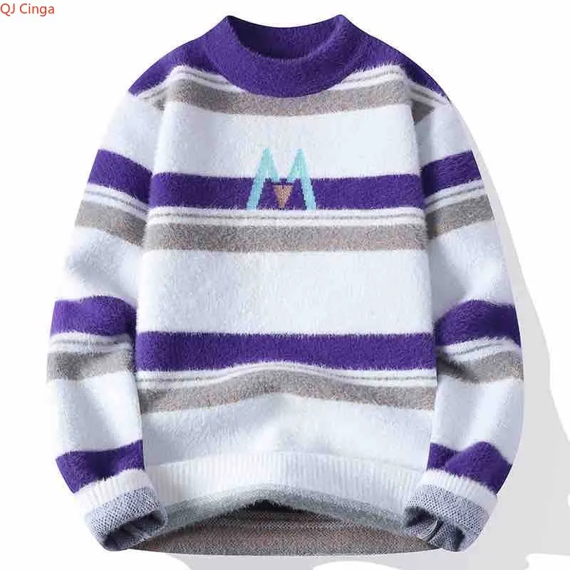 

Winter Men's Purple Long-Sleeve Crew Neck Pullover Featuring English Letters and Stripe Details Available in Blue,Green,White.