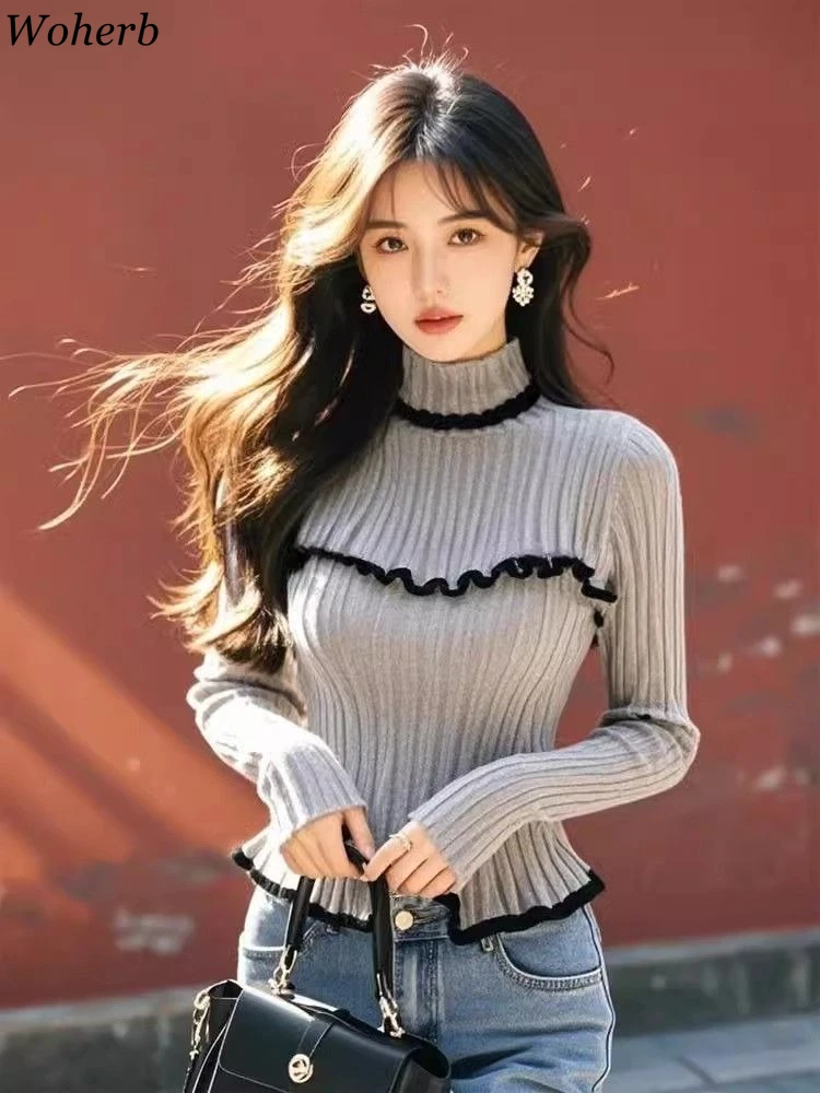 

Y2k Turtleneck Sweater for Women Patchwork All Match Jumper Sueter Mujer Slim Fit Long Sleeve Knitted Pullovers Women Clothing