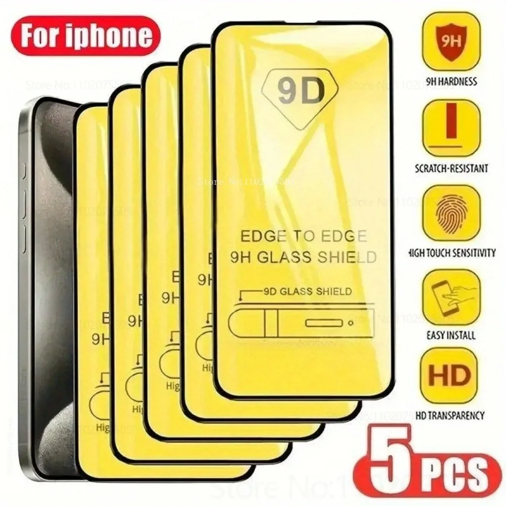 5Pcs 9H Tempered Glass for IPhone 16 Promax 14 Plus 15 Promax 11 12 13Mini 7 8 Screen Protector 17 Promax 15 Plus 16E Black Edge