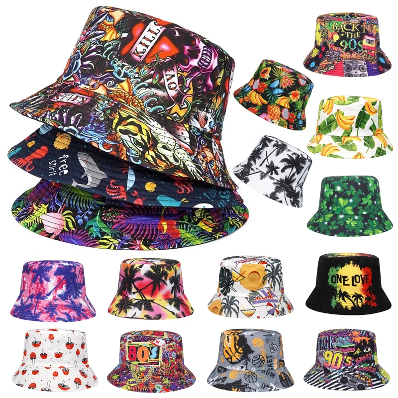 

Summer Sun Protection Bucket Hat for Men Women Panama Cap Print Hip Hop Gorros Fishing Fisherman Hat Double Side Wear Fashion