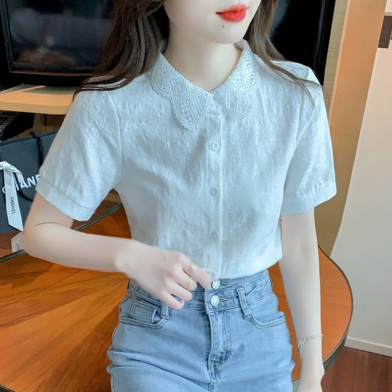 Summer 2026 Fashion Age Reduction Women's Shirt Cotton Shirt Women's Cotton Jacquard Short Sleeve Top