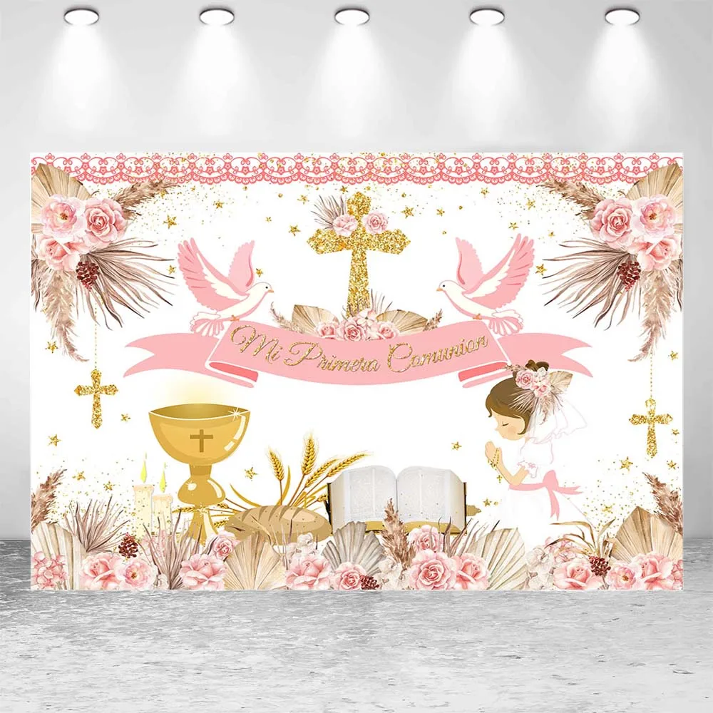 Mocsicka Boho Baptism Backdrop Newborn Girl First Communion Party Decor Mi Primera Comunión Photo Backgrounds Christening Banner