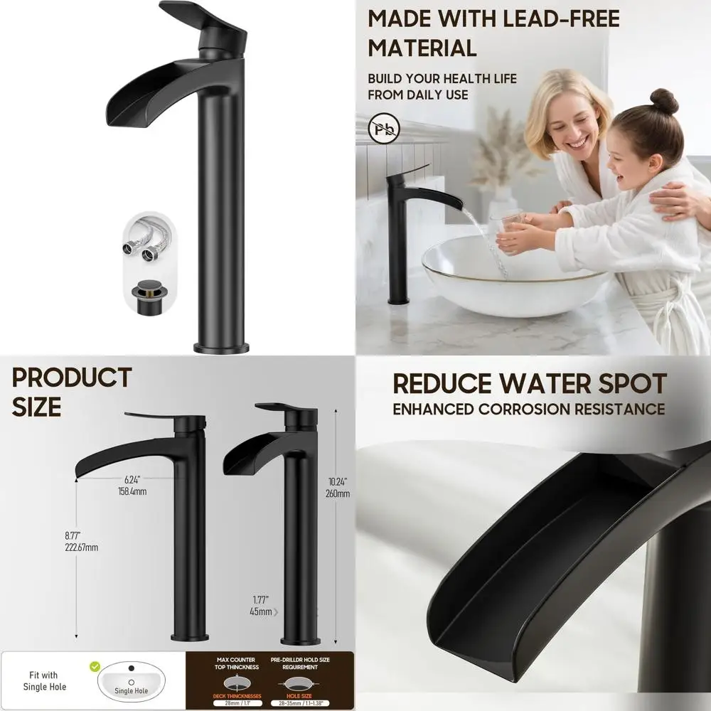 

Contemporary Matte Black Tall Vessel Sink Faucet with Waterfall Flow, Single Handle, Pop-Up Drain, and Supply Lines