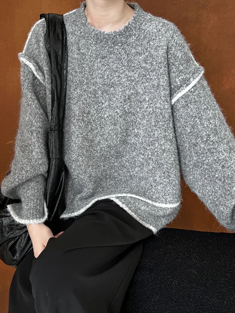 

Trendy Women Soft Knitted Sweater O-Neck Long Sleeve Patchwork Pullovers Clothes Tops for Female Spliced Contrast Color Sweater