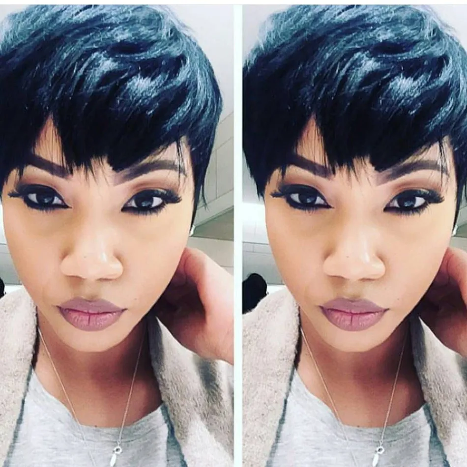 Kurze Pixie-Cut-Perücke aus Echthaar für Frauen, maschinell gefertigte Perücken mit Pony, brasilianische Echthaarperücken, günstige Pixie-Cut-Perücken im Angebot – Detail 6