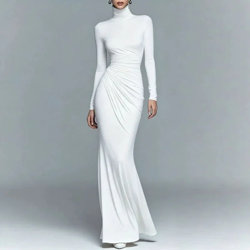 Rollkragen-Maxikleid für Damen, Einfarbig, Figurbetont, Langarm, Plissiert, Bodenlang, Elegantes Herbstkleid für Hochzeit, Abend und Party