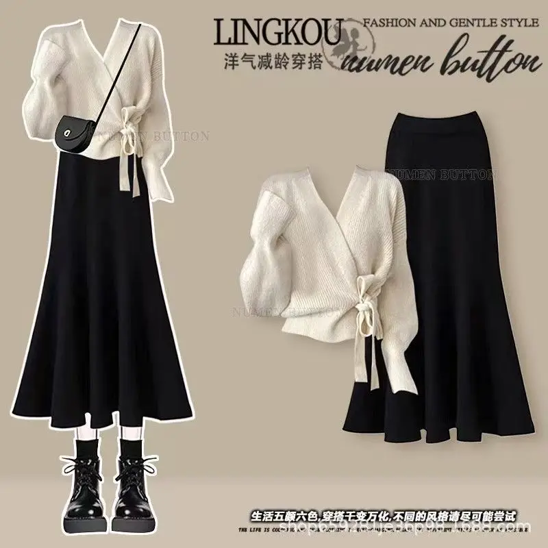 مجموعة الربيع والخريف على الطراز الفرنسي، سترة أنثوية برقبة على شكل حرف V + تنورة ذيل السمكة المحبوكة الراقية مكونة من قطعتين #4