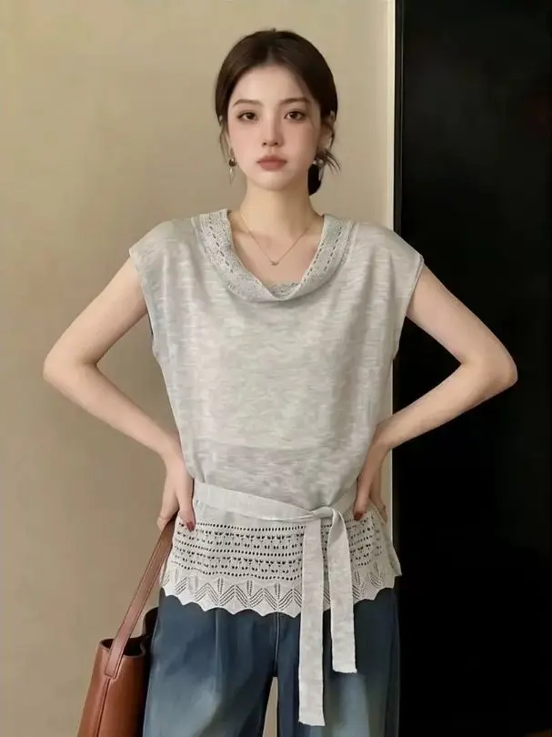 Gray Hollow out Summer Knitted Top Women's Fashion Slim Fit Waist Cinched Short Sleeve round Neck Binding Belt Design T-Shirt