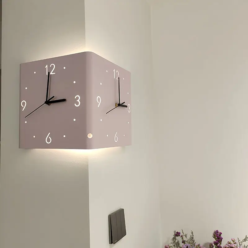 Double Sided Corner Clock, Modern Minimalist Wall Clock for Living Room, Cream Color Silent Hanging Clock， Decorative Timepiece