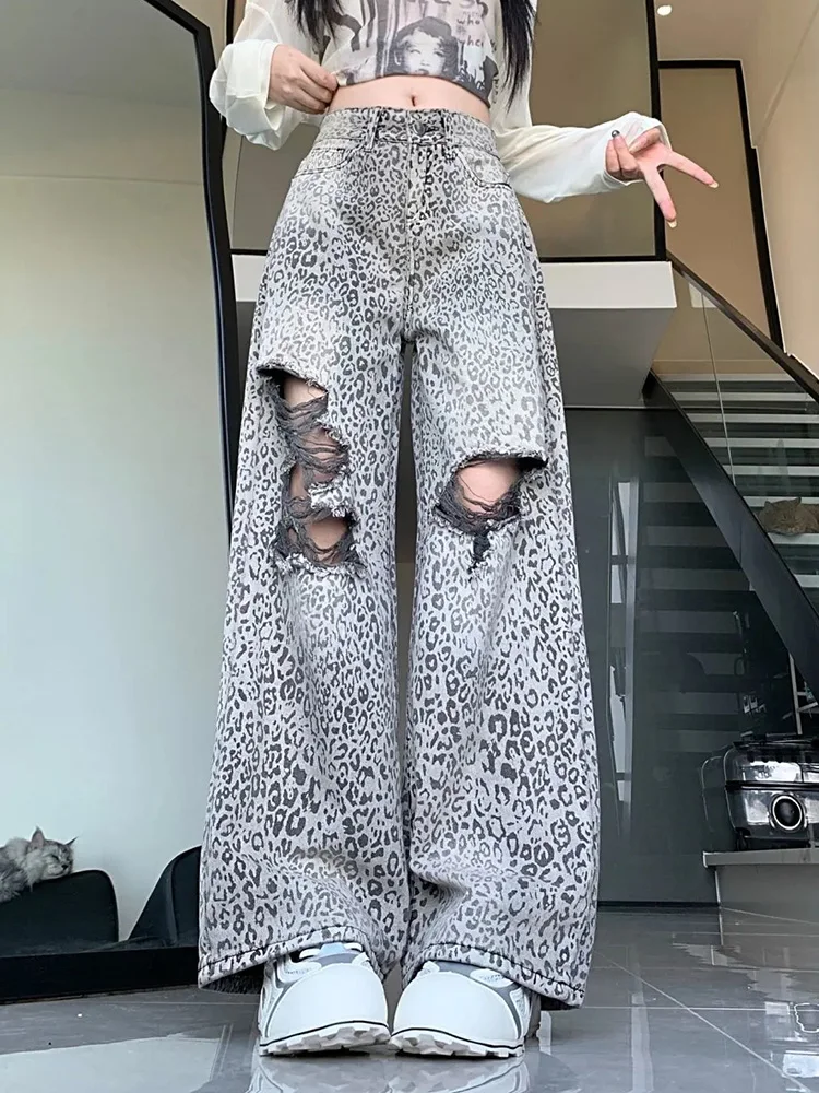 

Vintage American Hole Leopard Women Jeans Harajuku High Waist Denim Y2K Pants Spring Streetwear Hip Hop Female Loose Trousers