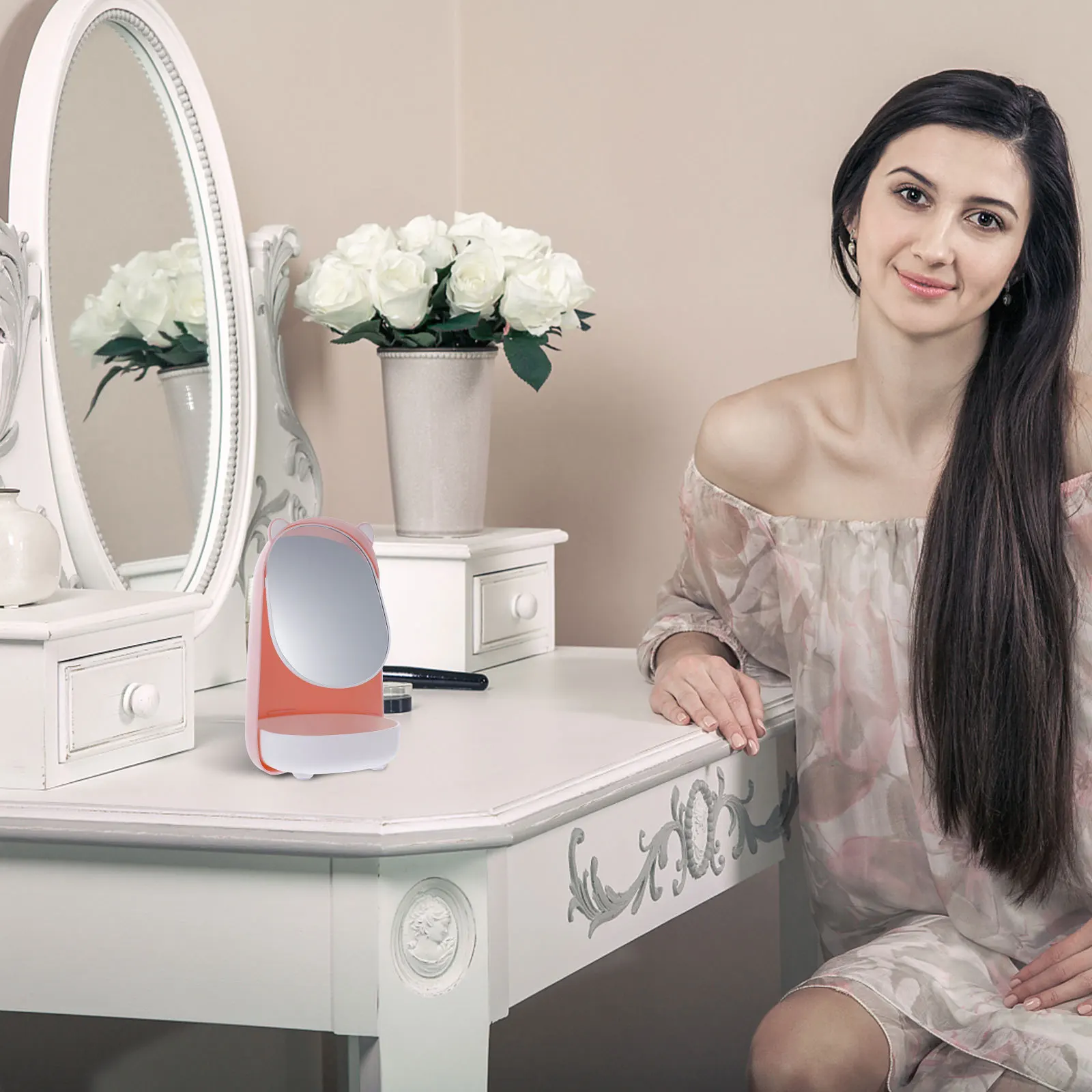 

1Pcs Makeup Mirror Lovely Bear Appearance Compact Lightweight Clear Surface Desktop Vanity Mirror Adjustable Portable Home Use