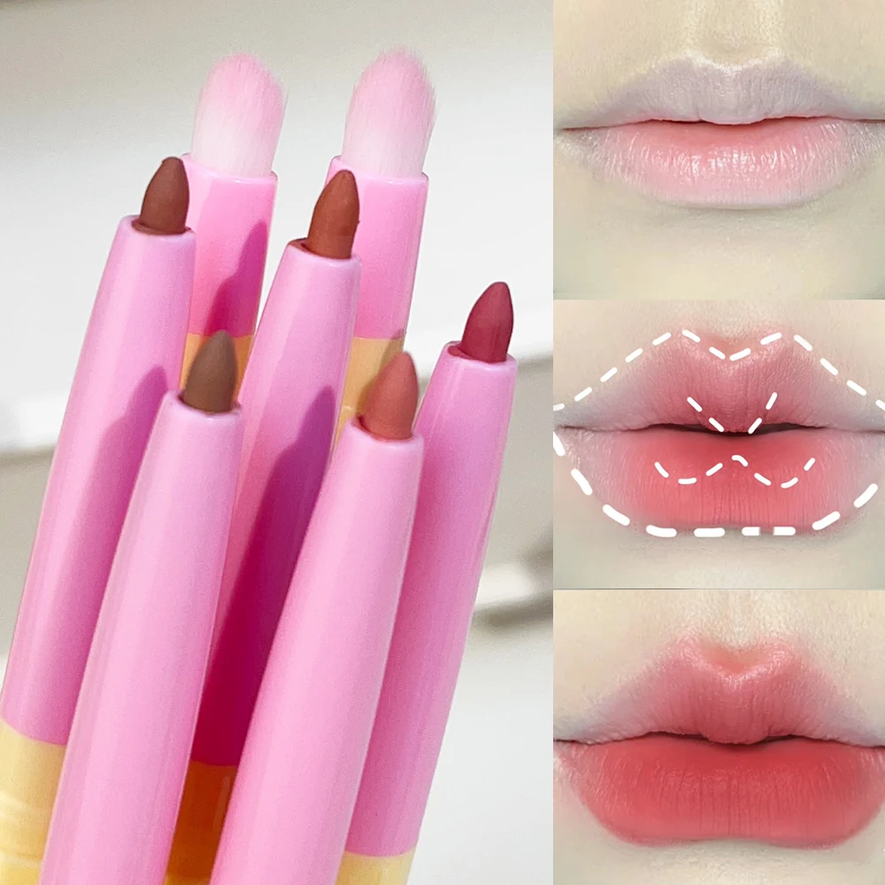 Soft Lip Liner Pen Dual-head Sexy Red Nude Purple Matte Tint Lipstick with Brush Silky Waterproof Contouring  3DLip Shape Makeup