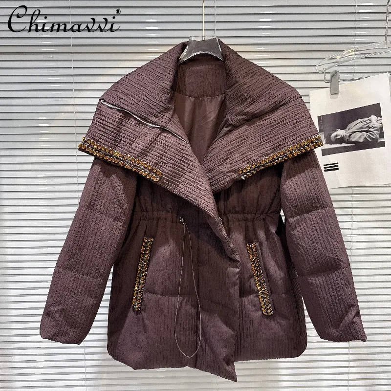 

2025 Winter New Heavy Beaded Large Lapel Drawstring Waist Warm Mid-Length Down Jacket Women Fashion Long Sleeve Elegant Coat