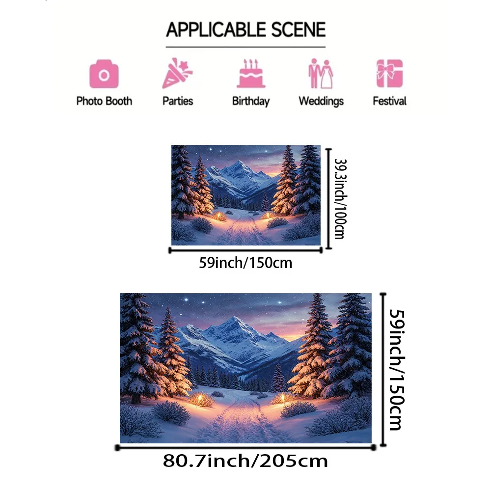 2D Flat, 1pc Winter Night Forest Lights Banner - UV Printed Polyester Photo Booth Backdrop with Snowy Mountain & Pine Trees,