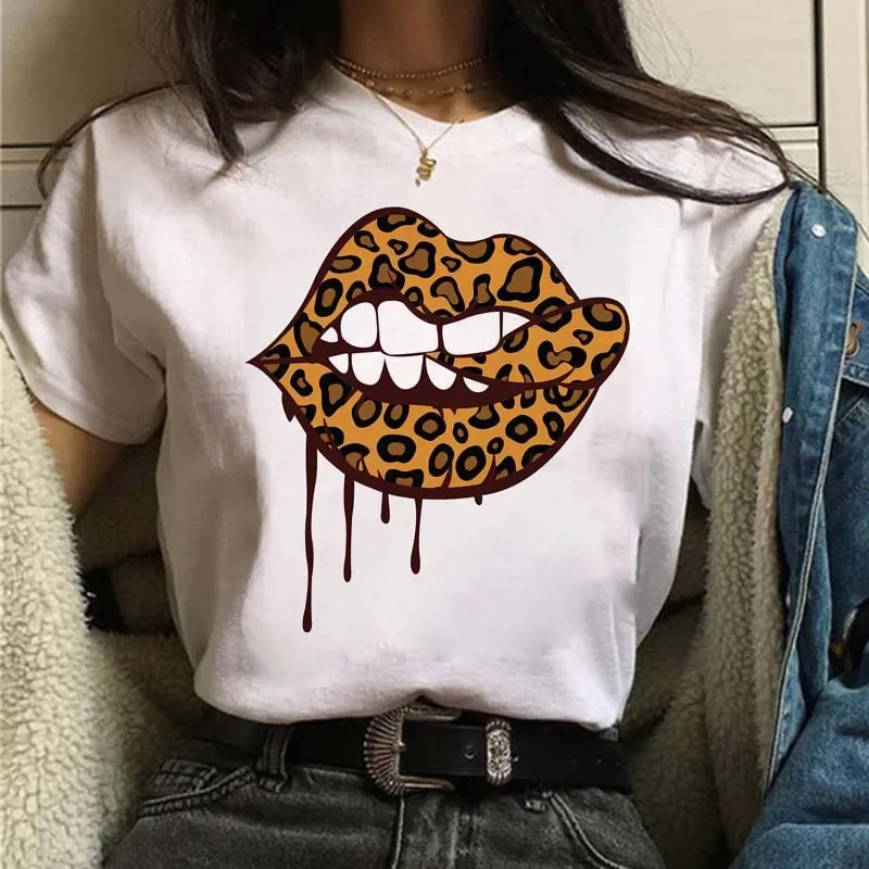 Women Summer Casual T-Shirt Leopard Print Blessed Good Vibes Lips High Heels Graphic Short Sleeve Female Fashion Tee Tops