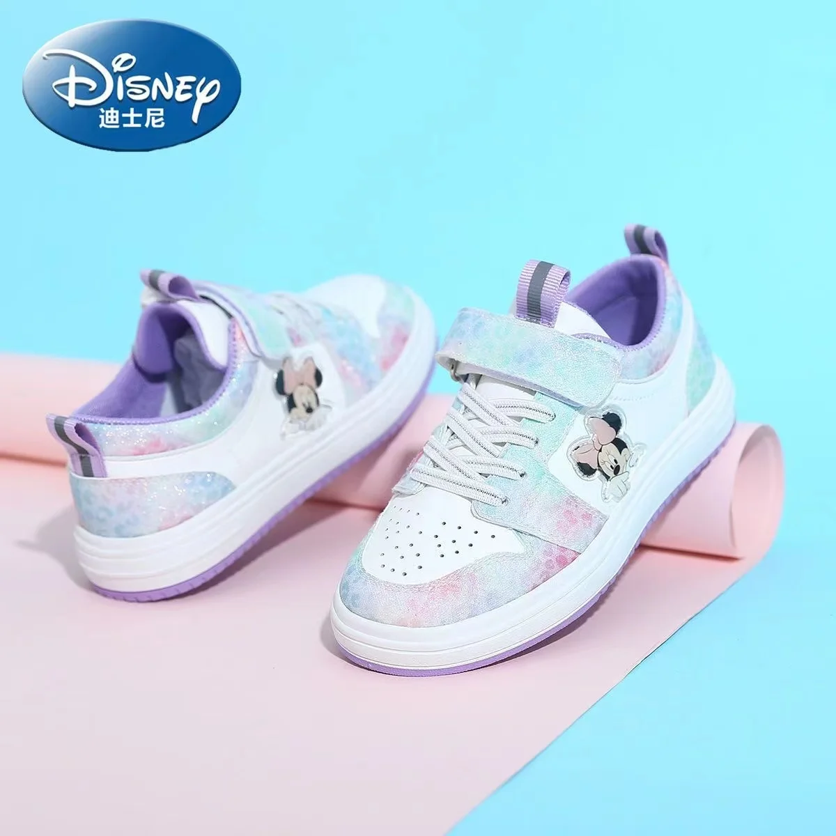 Zapatillas de deporte de Minnie para niños, zapatos informales de dibujos animados de Mickey, color rosa y morado, a la moda