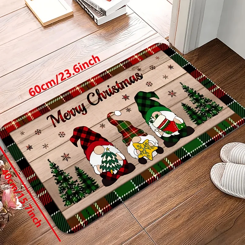 VIKAMA Christmas Doormat Non‑Slip Front Entrance Rug Washable Indoor Outdoor Xmas Plaid Gnome Winter Wooden Tone Home Decor Mat