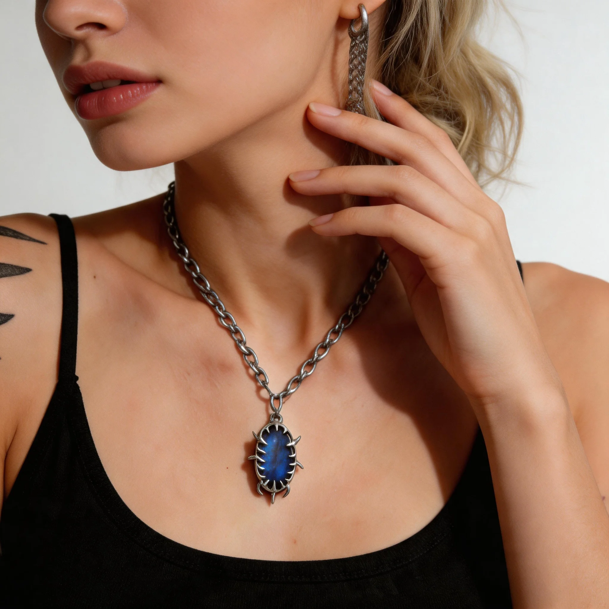 18+2inch Silver Oval Thorn Sparkle Stone Stainless Steel Necklace, Soldered Tin Handmade Gothic Boho Jewelry