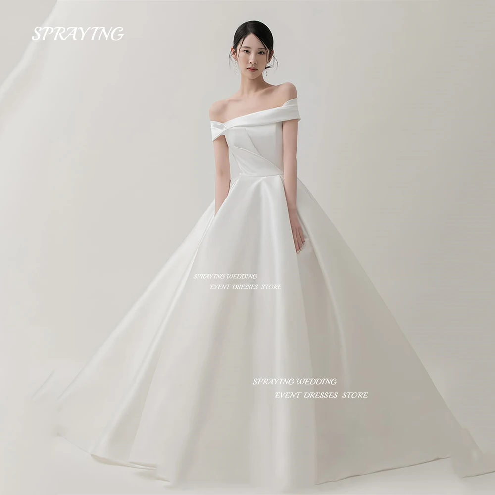 

SPRAYING Korea Strapless A Line Wedding Dress Soft Satin Sleeveless Bridal Dresses Pleats Sweep Train 웨딩드레스 Photo Shoot