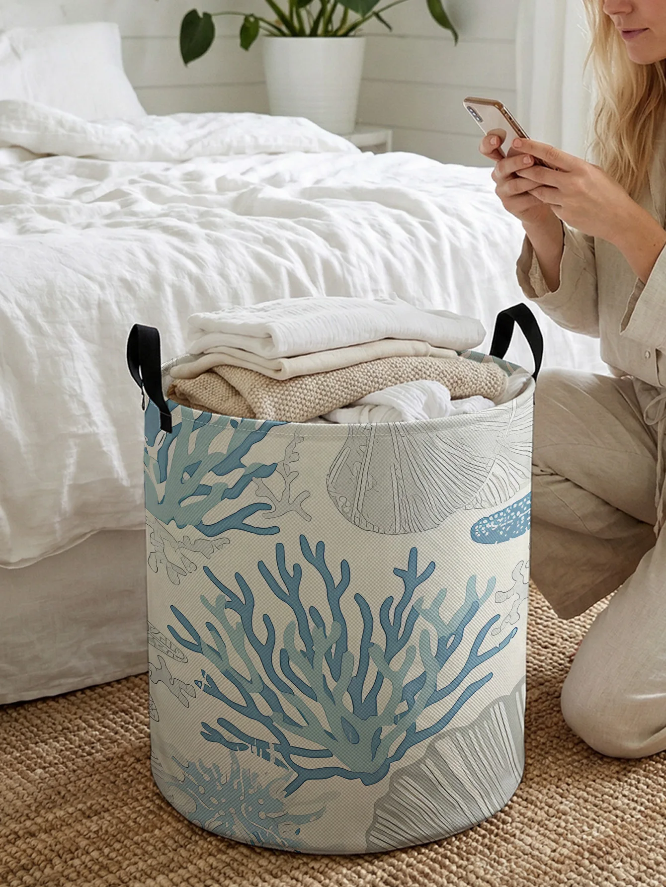 Ocean Coral Starfish Shell Print Foldable Large-Capacity Storage Basket, for Kids' Toys and Clothes, Home & Bathroom Use