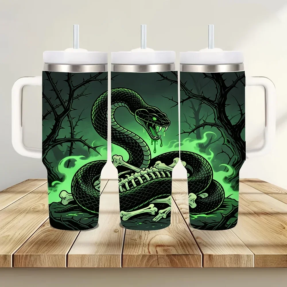 40Oz Insulated Tumbler with Handle, Spooky Green Glowing Skeleton Snake Print, Perfect for Snake Lovers, Ideal for Daily Use Outdoor Activities And Travel, Keeps Drinks Hot Or Cold