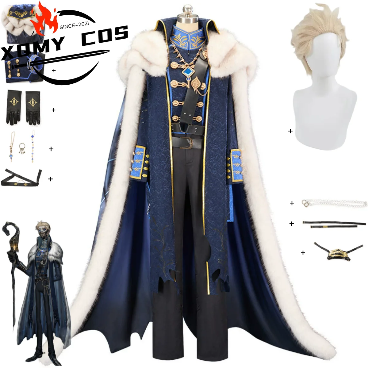 

XqGame Identity ⅤAlva Lorenz Hermit Warden Cosplay Costume Winter Fur Collar Coat Cloak Uniform Full Set Wig Man Christmas Suit