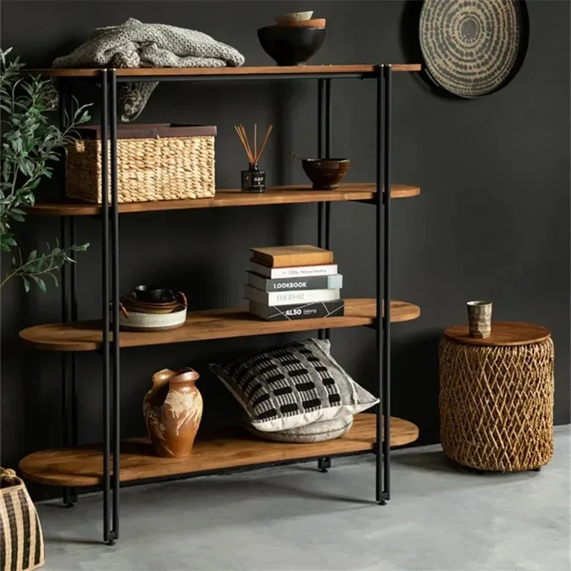 Solid wood storage, multi-layer storage living room floor bookshelf, shelf wrought iron display rack retro log