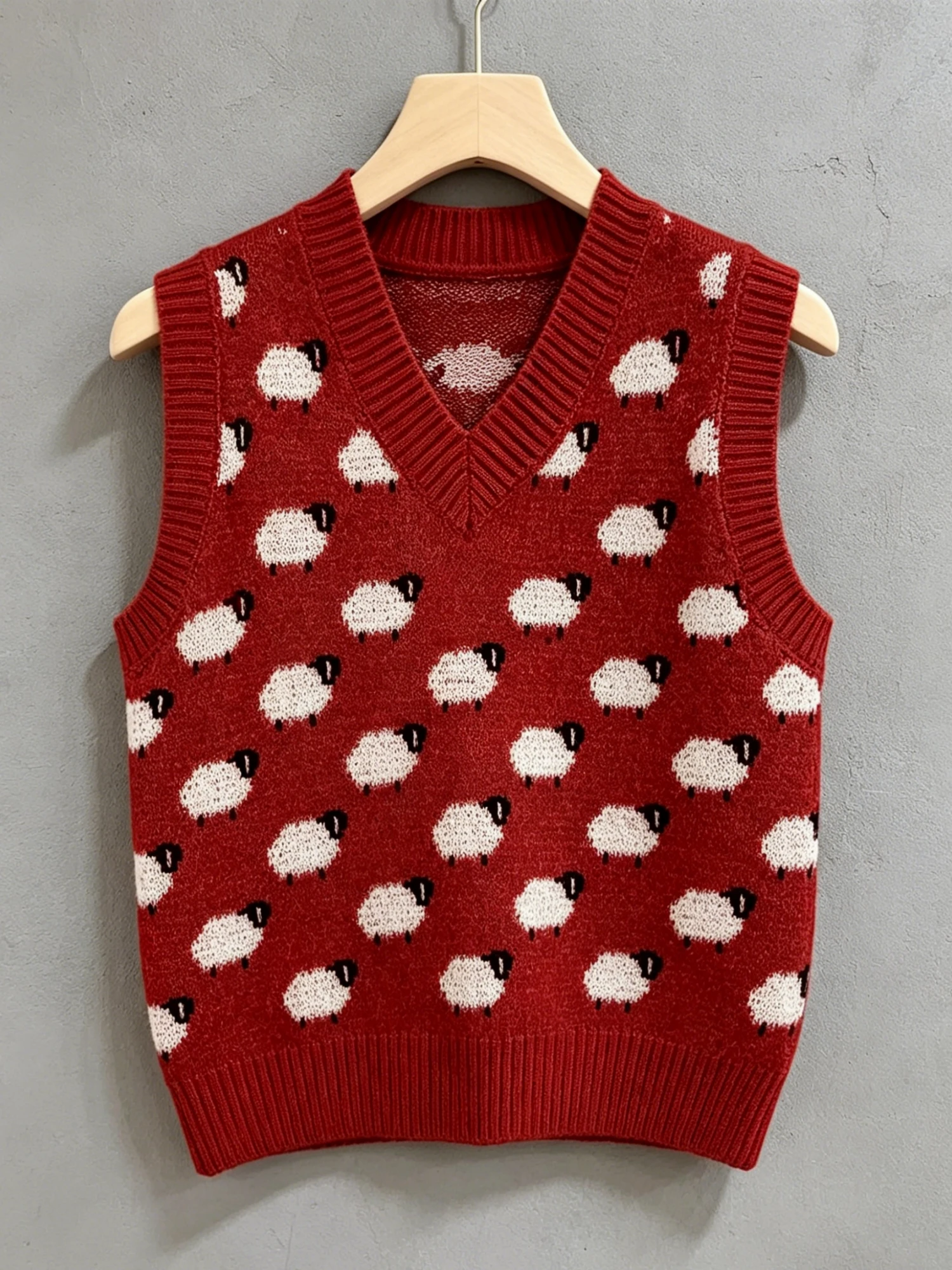 

Women's plus size knitted vest, sheep pattern round neck women's clothing, spring and summer casual style