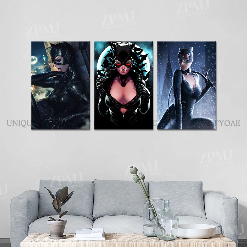 Batman Catwoman ภาพวาดผ้าใบภาพยนตร์ Hd พิมพ์ภาพตกแต่งบ้าน Kawaii โปสเตอร์ Frameless Wall Art สําหรับห้อง
